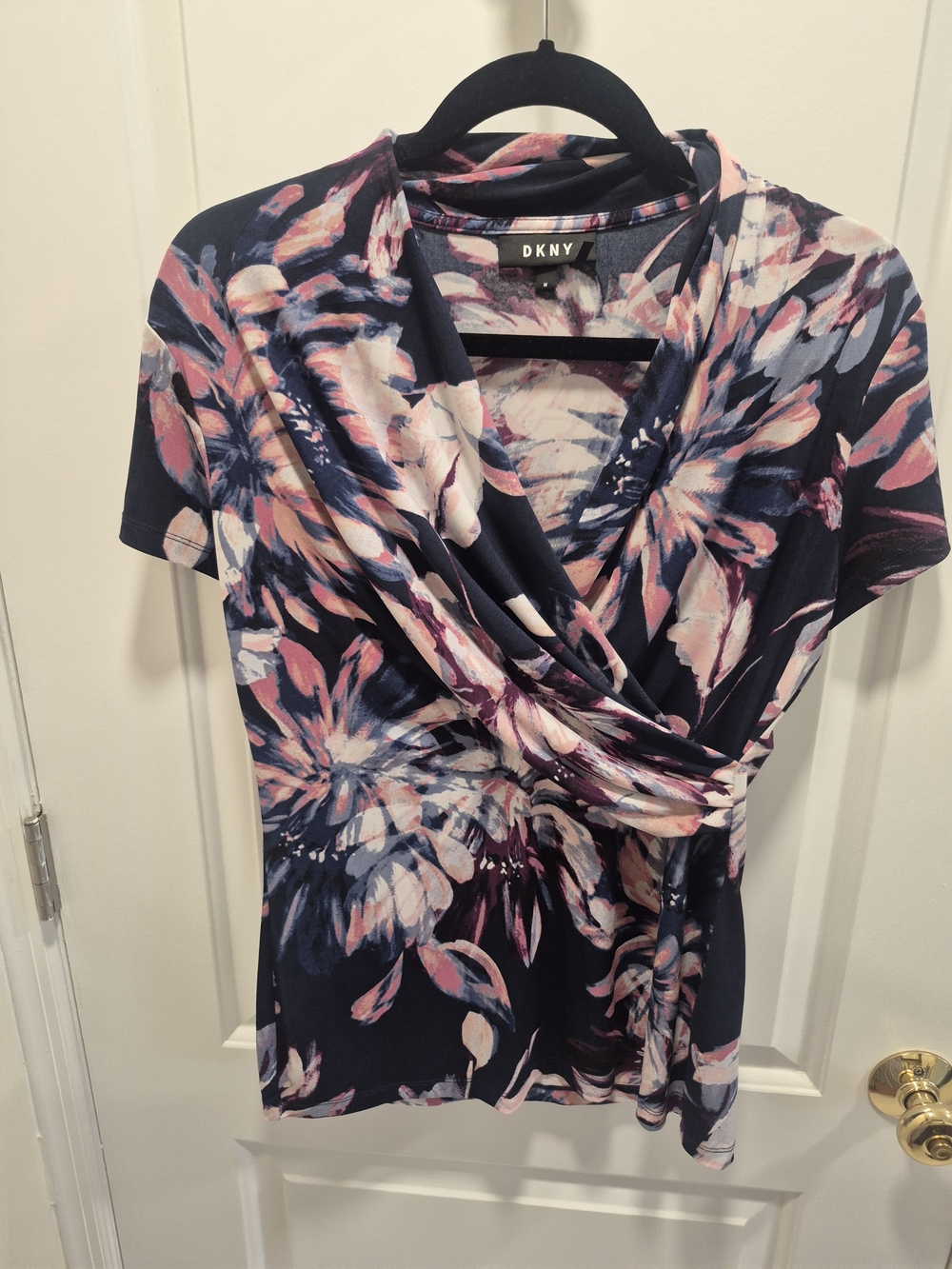 DKNY Navy Floral Wrap-Style Short Sleeve Top with Pink Accents